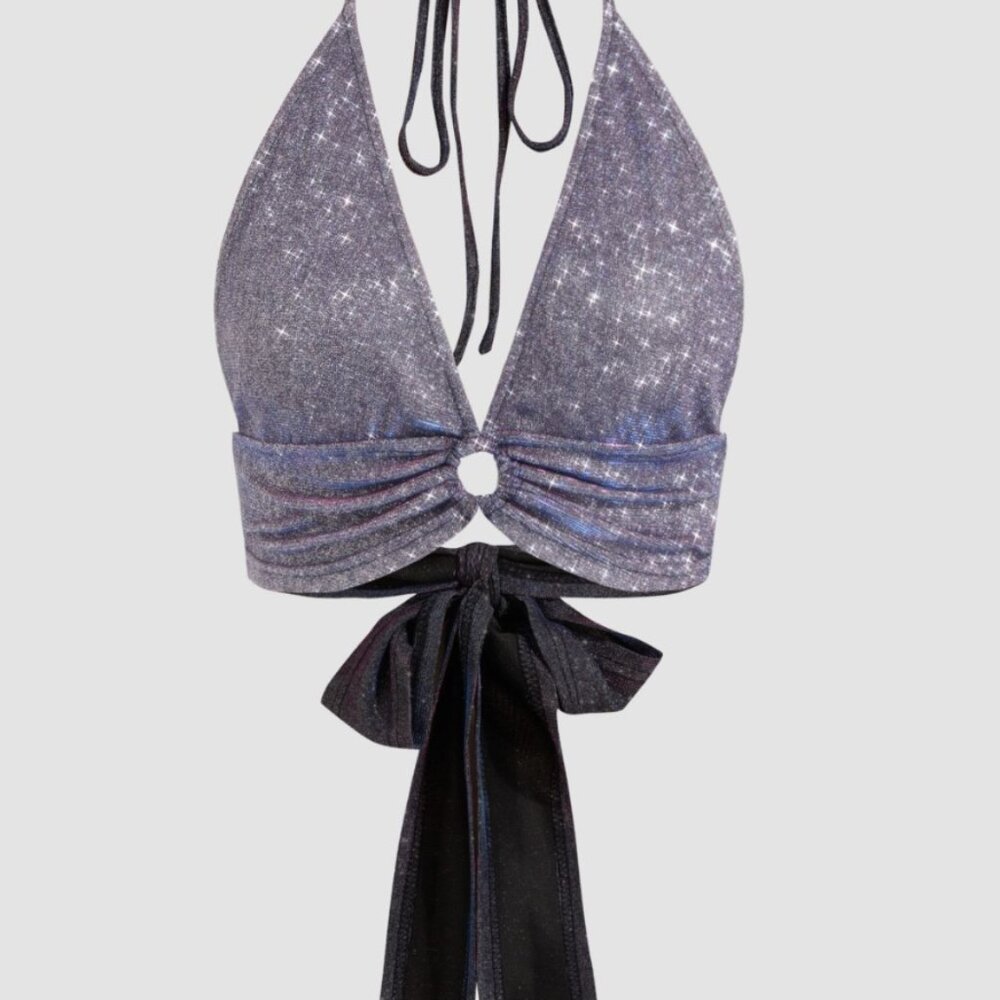 CIDER Sparkly Black Halter Top